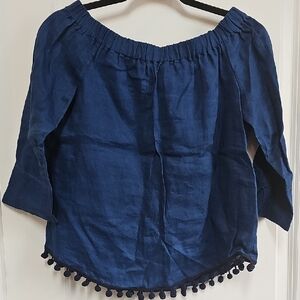Zara Woman Off Shoulder Pom Pom Blue Blouse Tassels